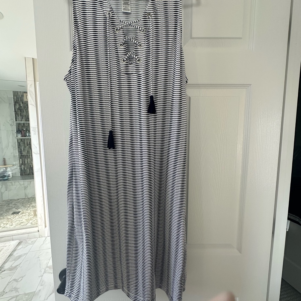 Tommy Bahama Navy and White Striped Dress with tassel string accents
